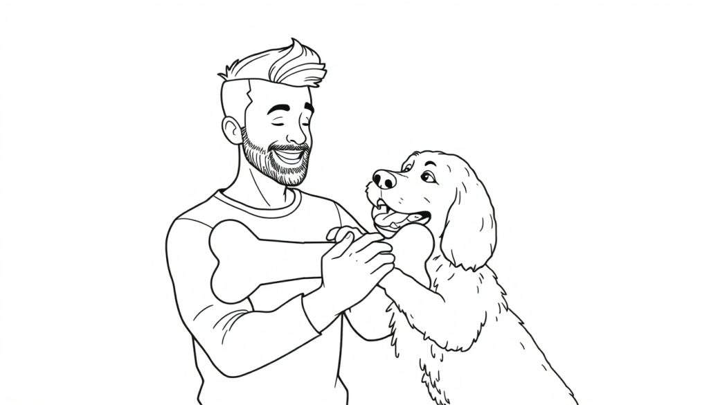 Kleurplaat van een man met baard en hond die samen spelen met een bot.