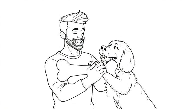 Kleurplaat van een man met baard en hond die samen spelen met een bot.