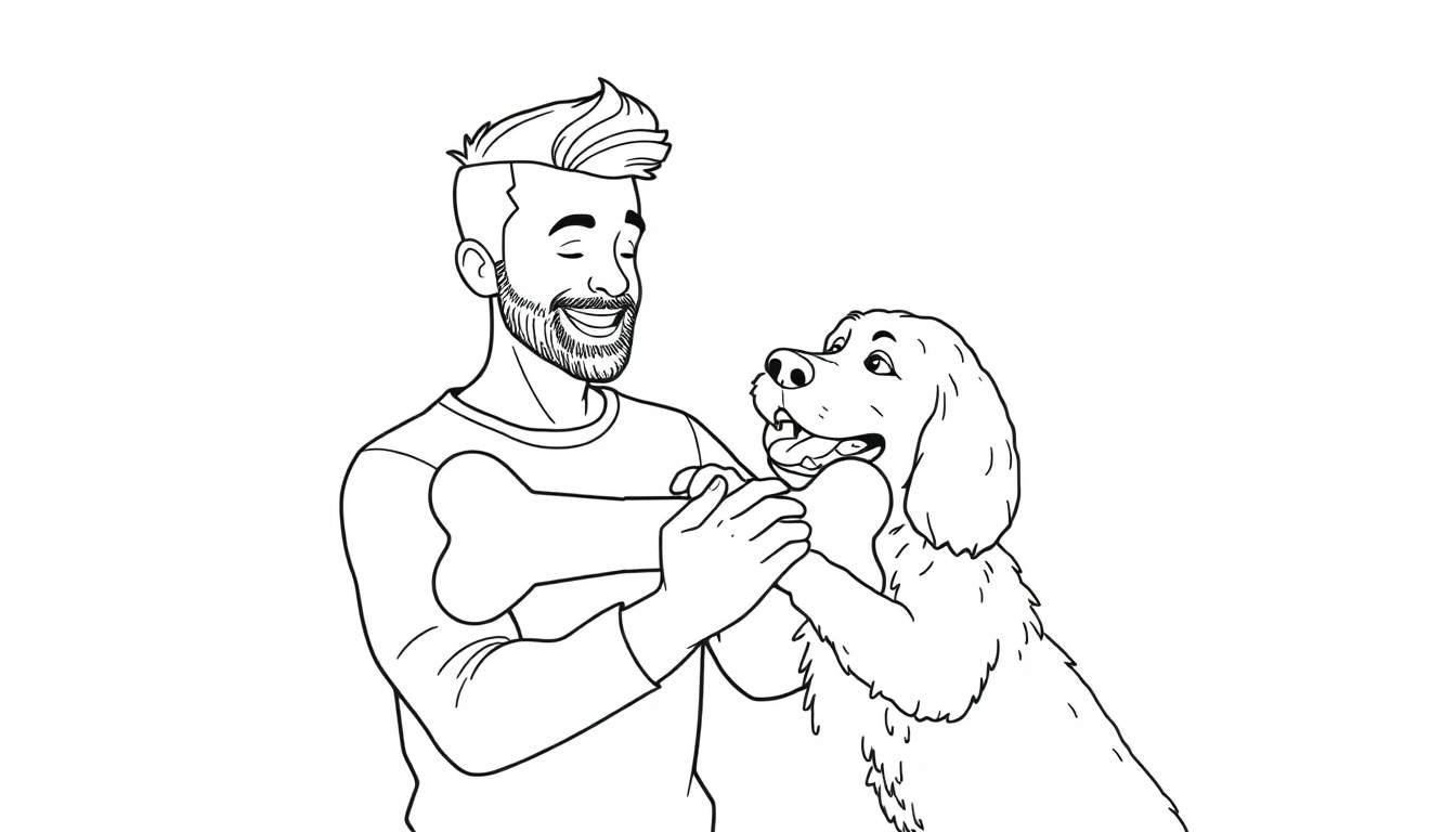 Kleurplaat van een man met baard en hond die samen spelen met een bot.