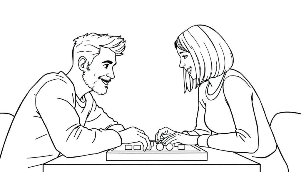 Kleurplaat: Man met baard en kuif en vrouw met boblijn spelen gezellig samen een bordspel aan tafel.