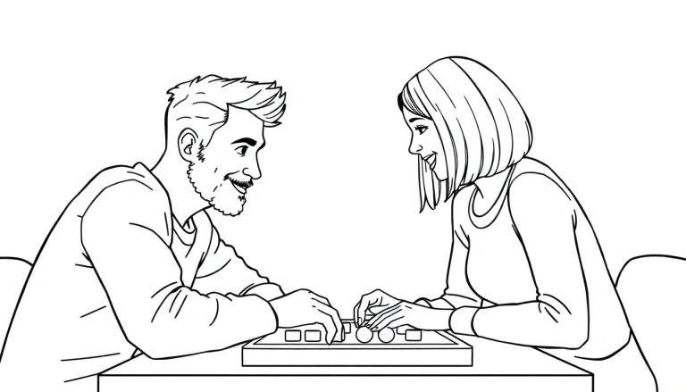 Kleurplaat: Man met baard en kuif en vrouw met boblijn spelen gezellig samen een bordspel aan tafel.