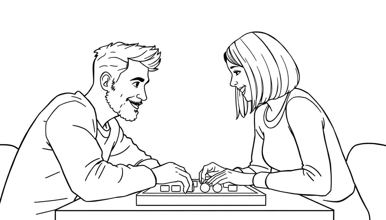 Kleurplaat: Man met baard en kuif en vrouw met boblijn spelen gezellig samen een bordspel aan tafel.