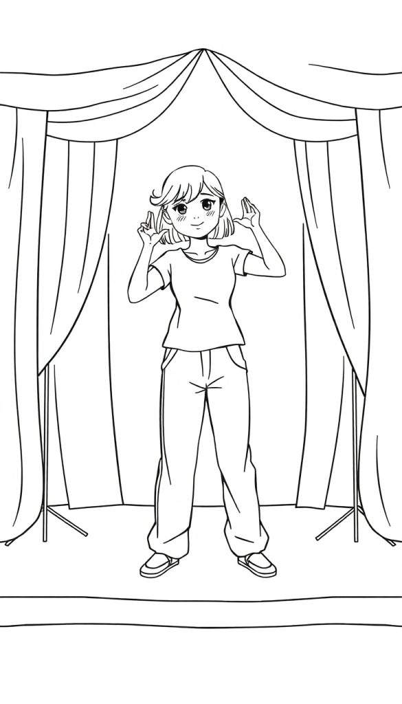 Cartoon meisje met warrig haar en grote ogen die op een podium acteren en konijnenoren imiteert, met gordijnen op de achtergrond.