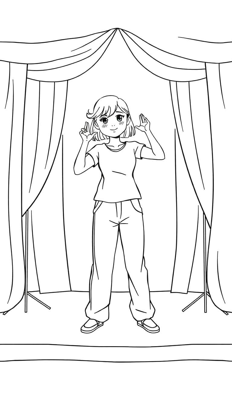 Cartoon meisje met warrig haar en grote ogen die op een podium acteren en konijnenoren imiteert, met gordijnen op de achtergrond.