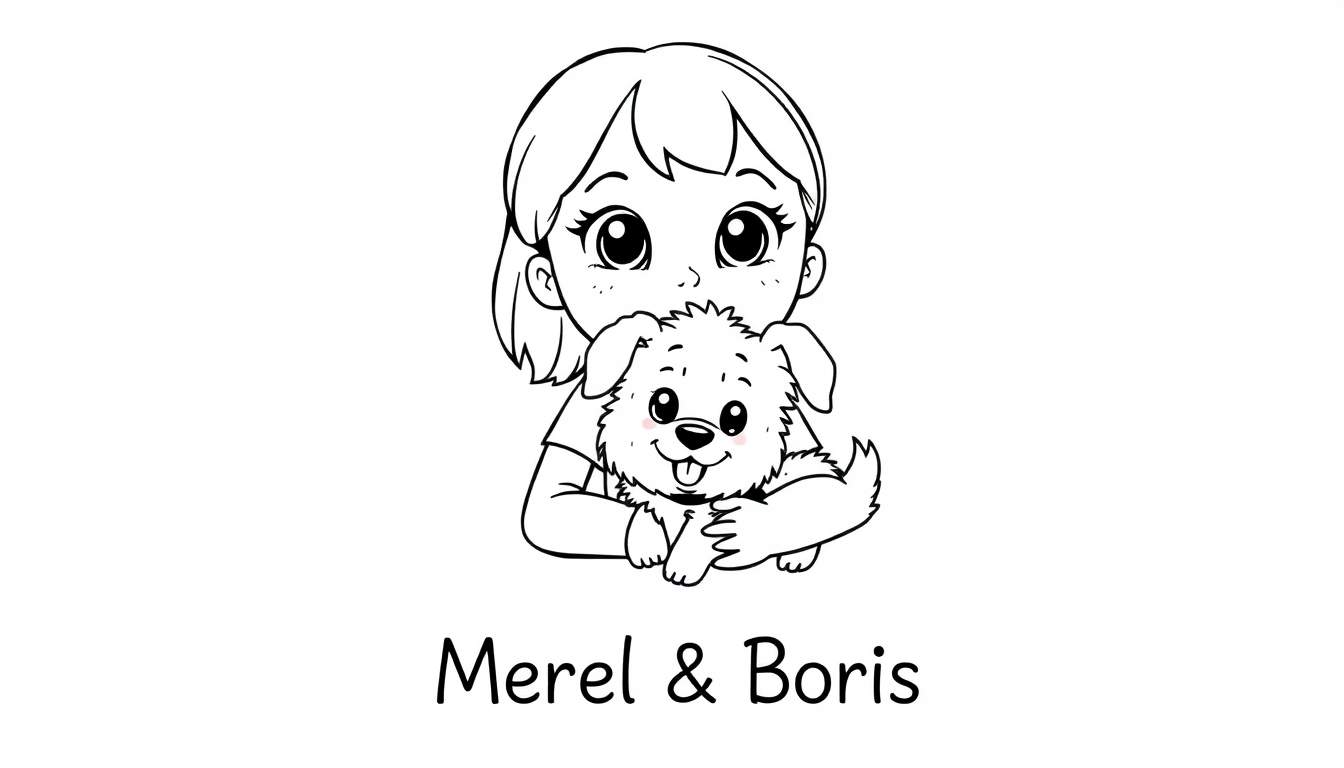 Kleurplaat van een cartoonmeisje dat een kleine, wollige hond vasthoudt. De namen 'Merel & Boris' staan onder de tekening.