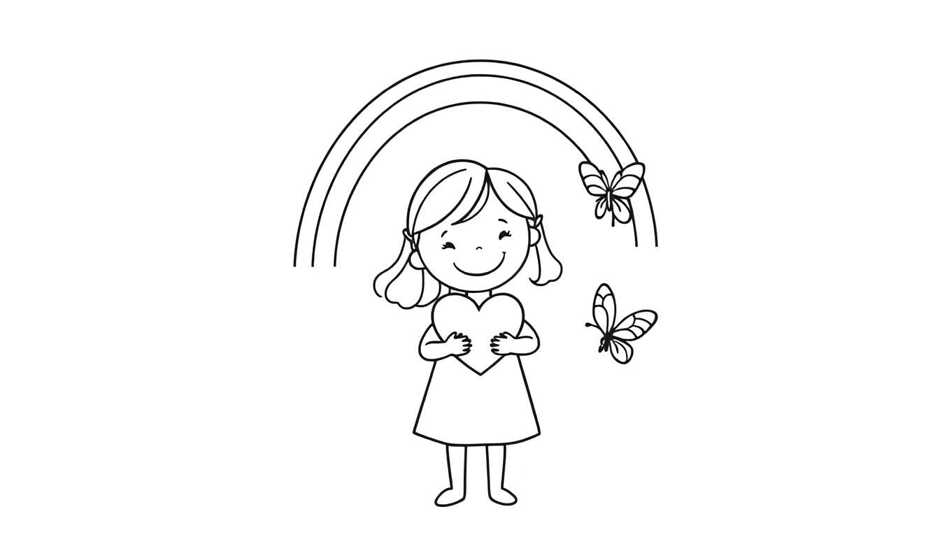 Kleurplaat van een jong meisje dat een hart vasthoudt onder een regenboog met twee vlinders die eromheen vliegen.