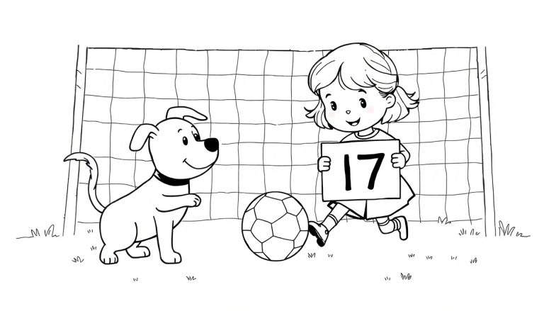 Kleurplaat van een lachend meisje en een hond die samen voor een voetbalgoal staan, met een voetbal op de grond en het getal 17 op een bordje.
