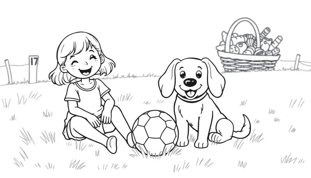 Kleurplaat van een jong meisje en haar hondje die op het gras zitten naast een voetbal, met op de achtergrond een picknickmand en een hekje met het getal 17.