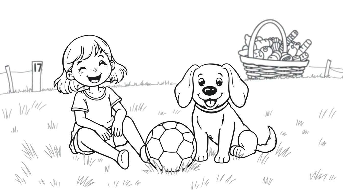 Kleurplaat van een jong meisje en haar hondje die op het gras zitten naast een voetbal, met op de achtergrond een picknickmand en een hekje met het getal 17.