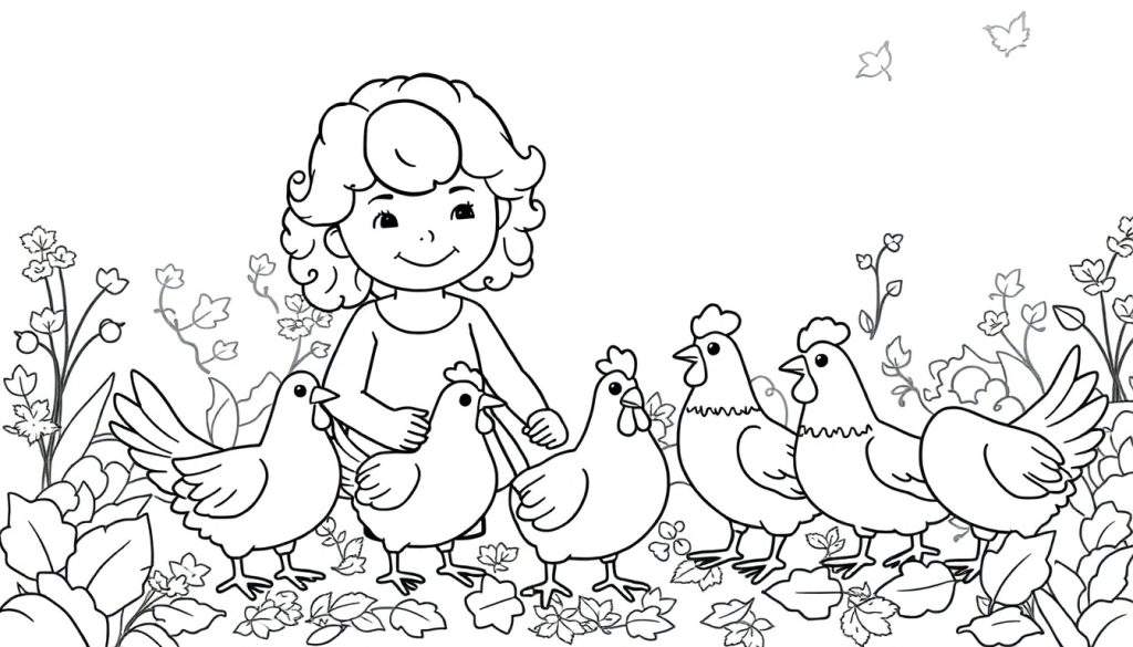 Kleurplaat van een lachend meisje met krullen dat kippen voert in een tuin met herfstbladeren.