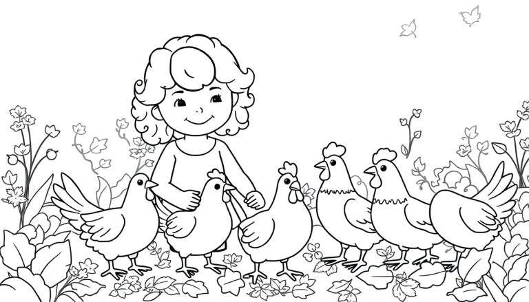 Kleurplaat van een lachend meisje met krullen dat kippen voert in een tuin met herfstbladeren.