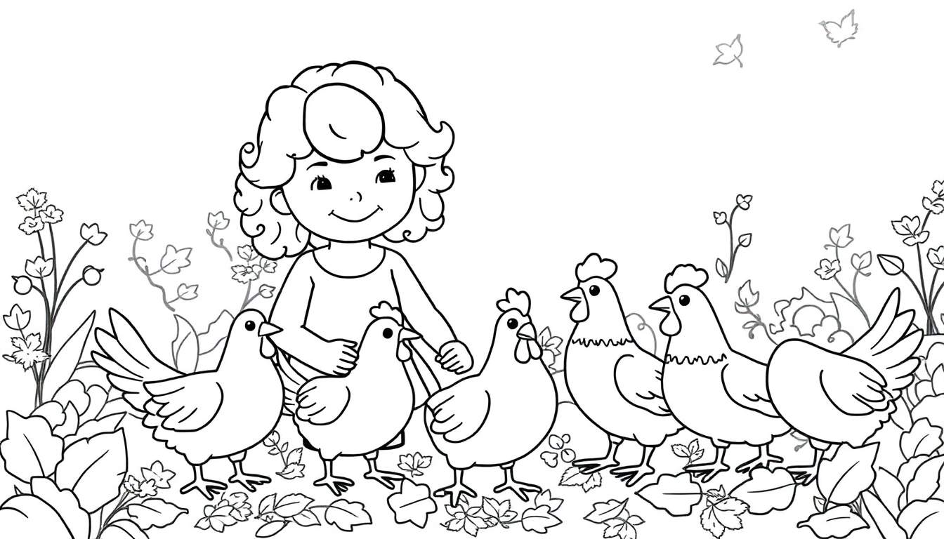 Kleurplaat van een lachend meisje met krullen dat kippen voert in een tuin met herfstbladeren.