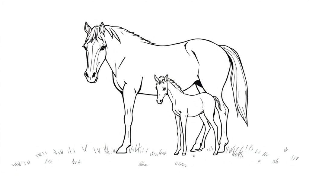 Kleurplaat illustratie van een merrie en haar veulen in een grasrijke wei, getekend met zwarte lijnen.