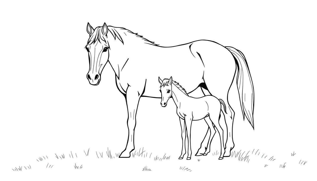 Kleurplaat illustratie van een merrie en haar veulen in een grasrijke wei, getekend met zwarte lijnen.