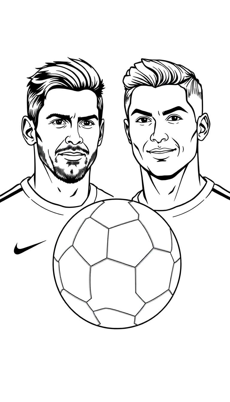 Zwart-wit illustratie van Lionel Messi en Cristiano Ronaldo staand naast elkaar met een voetbal ertussen, klaar om ingekleurd te worden.