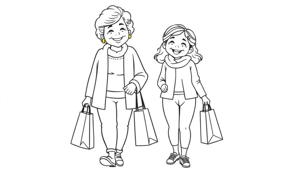 Kleurplaat van een lachende oma met kort haar en een jongere kleindochter met lang golvend haar, beiden met boodschappentassen na het winkelen.