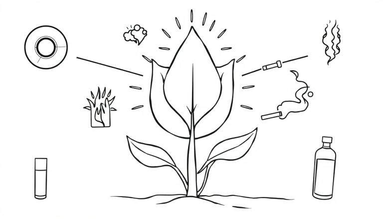 Educatieve kleurplaat met een centrale plant omringd door symbolen van straling, hitte, alcohol, roken, chemicaliën en stress, verbonden door lijnen.