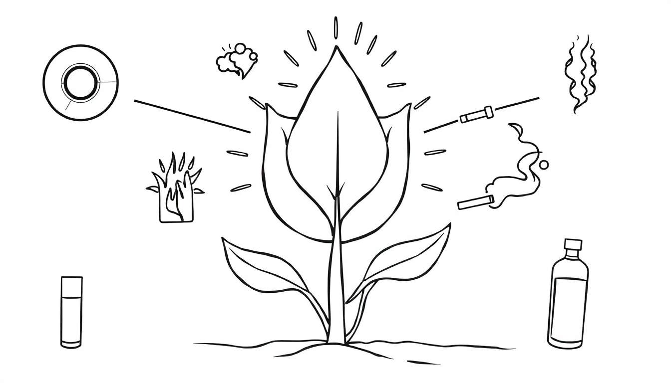 Educatieve kleurplaat met een centrale plant omringd door symbolen van straling, hitte, alcohol, roken, chemicaliën en stress, verbonden door lijnen.