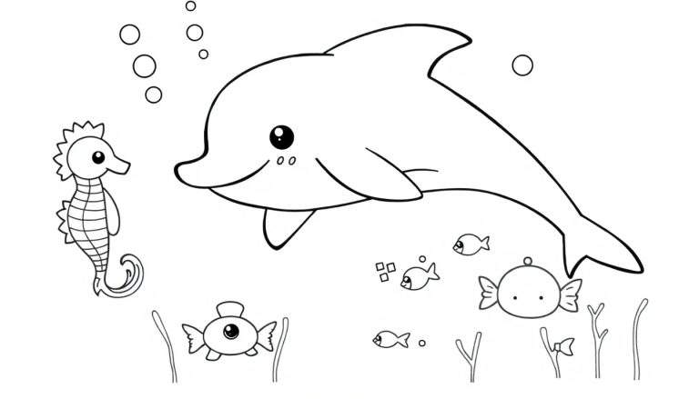 Kleurplaat van een vrolijke dolfijn die zwemt met vriendjes, waaronder een zeepaardje en diverse kleine vissen, te midden van bubbels en zeewier.