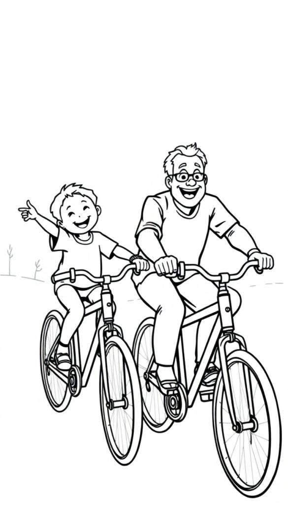 Kleurplaat van een opa en een jongen die op twee fietsen naast elkaar rijden in een landelijke omgeving. De jongen wijst blij omhoog, de opa lacht. Vrolijke familiefietsrit.