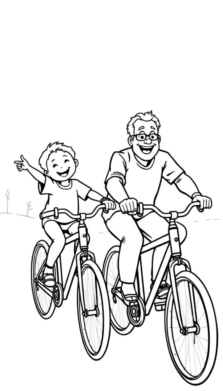 Kleurplaat van een opa en een jongen die op twee fietsen naast elkaar rijden in een landelijke omgeving. De jongen wijst blij omhoog, de opa lacht. Vrolijke familiefietsrit.