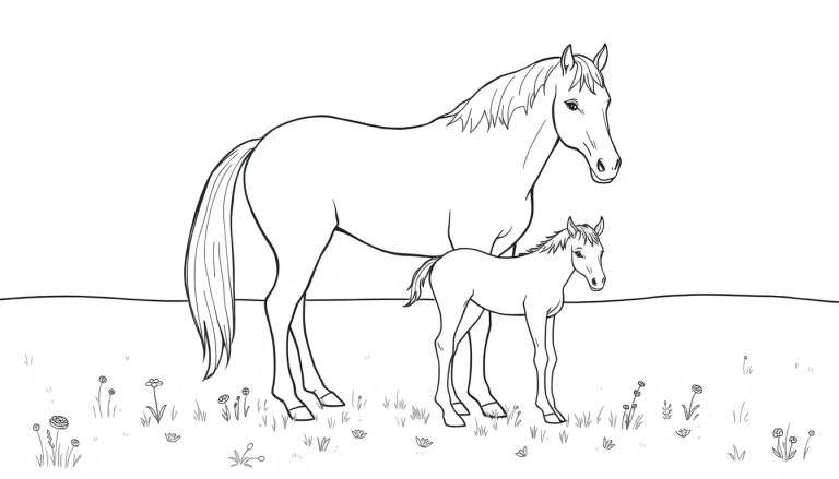 Kleurplaat van een groot paard met een jong veulen in een weiland met gras en bloemen.