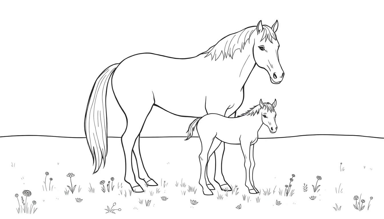 Kleurplaat van een groot paard met een jong veulen in een weiland met gras en bloemen.