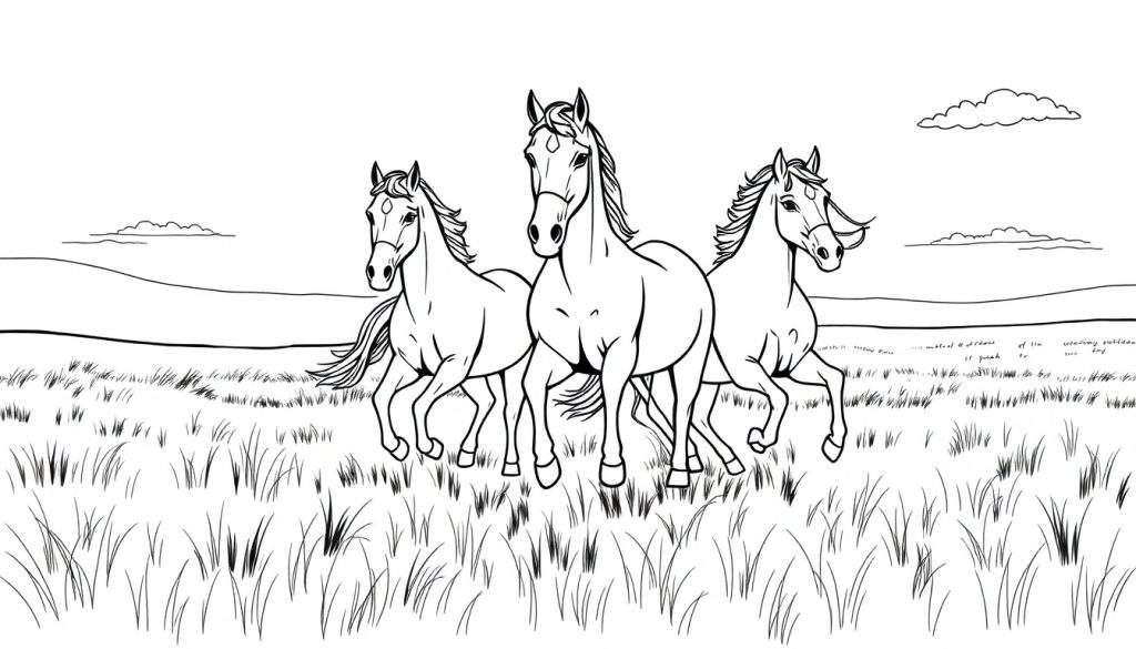 Kleurplaat met drie zwart-wit getekende paarden in galop over een grasveld, met glooiende heuvels en wolken.