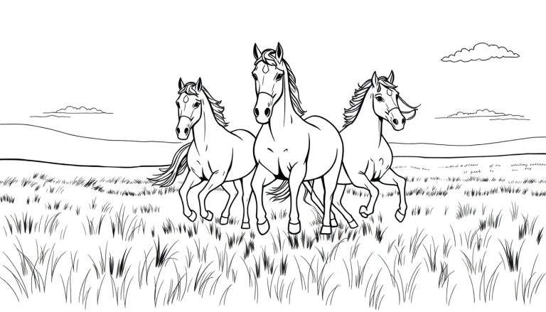 Kleurplaat met drie zwart-wit getekende paarden in galop over een grasveld, met glooiende heuvels en wolken.