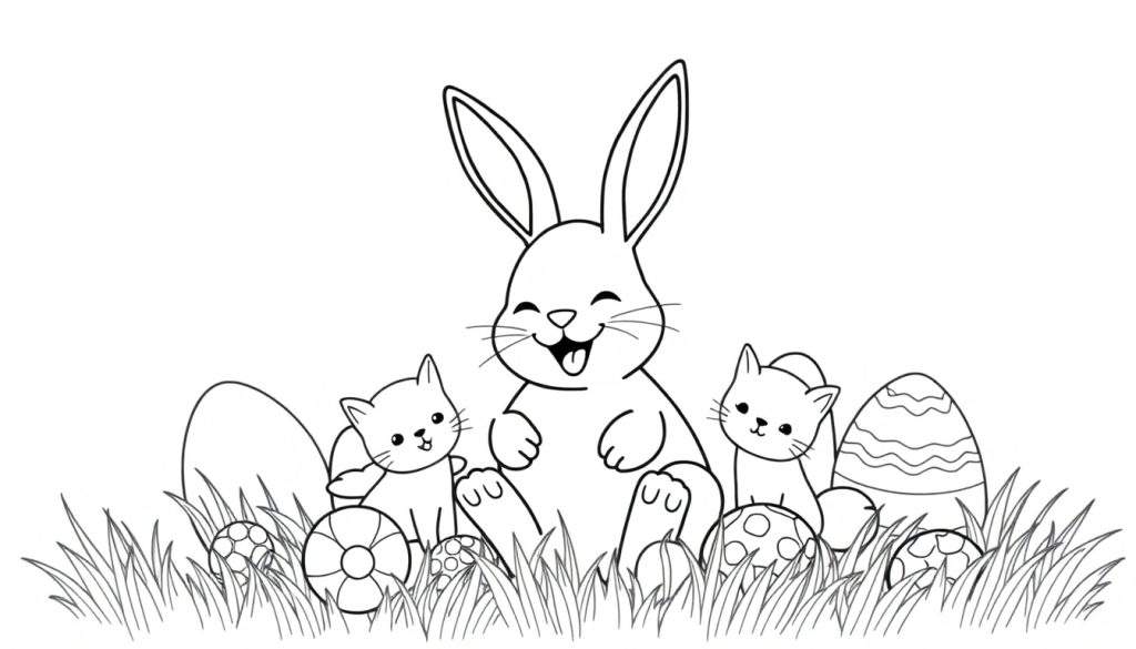 Kleurplaat van een blije paashaas met zijn tong uit zijn mond, zittend tussen twee kijkende kittens en diverse paaseieren in het gras.