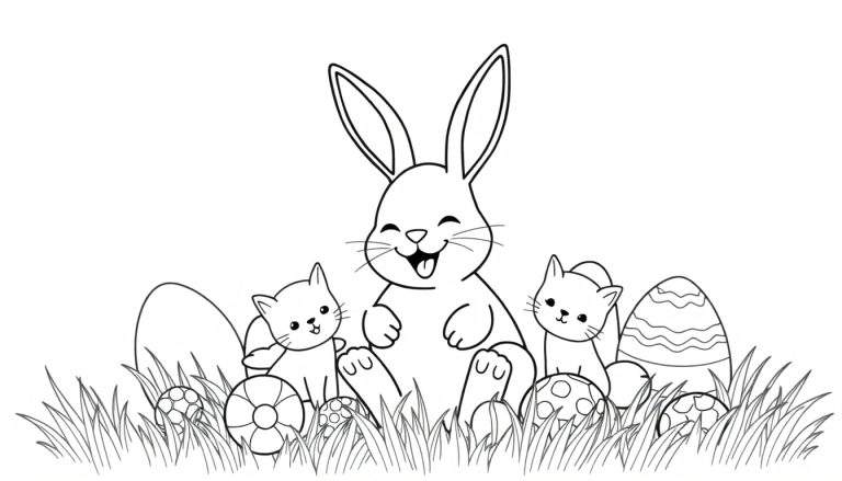 Kleurplaat van een blije paashaas met zijn tong uit zijn mond, zittend tussen twee kijkende kittens en diverse paaseieren in het gras.