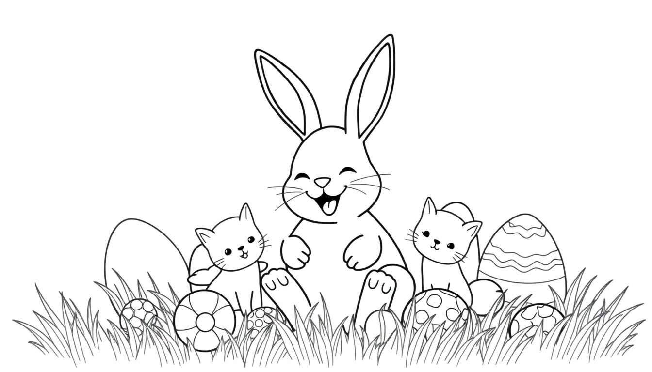 Kleurplaat van een blije paashaas met zijn tong uit zijn mond, zittend tussen twee kijkende kittens en diverse paaseieren in het gras.