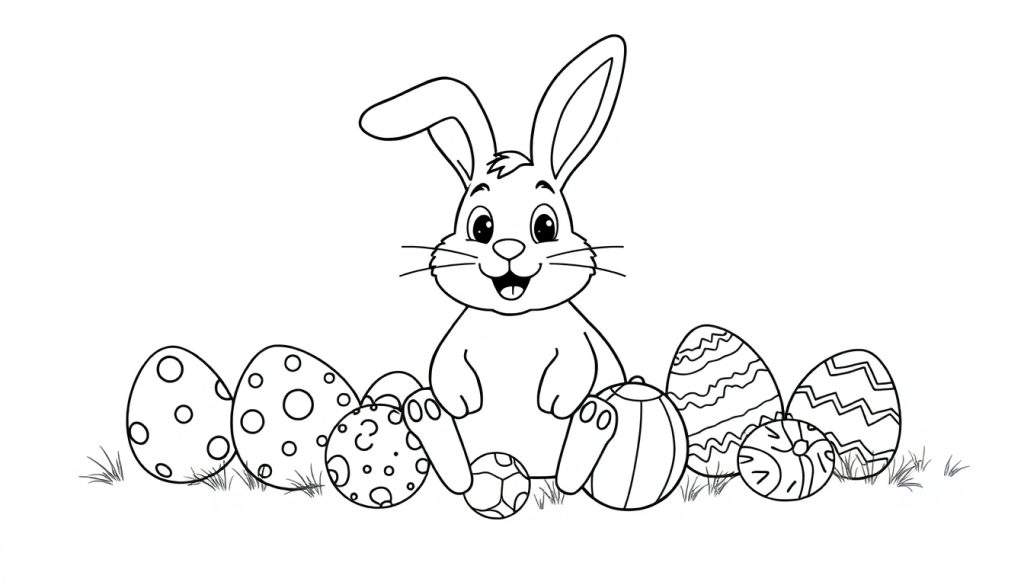 Kleurplaat van een blije paashaas die tussen versierde Paaseieren zit, met patronen zoals stippen en lijnen, en wat gras op de grond.