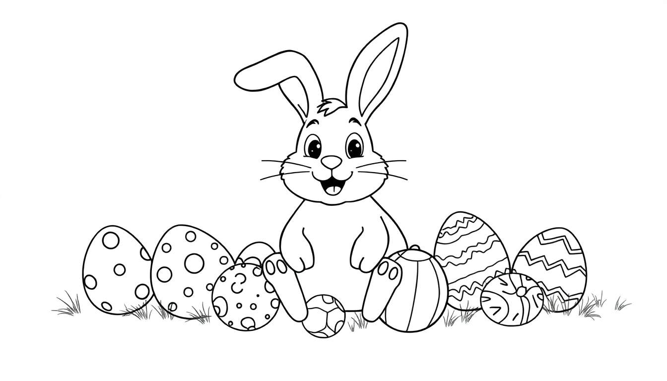 Kleurplaat van een blije paashaas die tussen versierde Paaseieren zit, met patronen zoals stippen en lijnen, en wat gras op de grond.