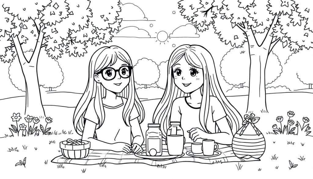 Kleurplaat van twee vrolijke meisjes, waarvan één met bril, die picknicken op een deken in het gras onder bomen. Ze hebben allebei steil haar.