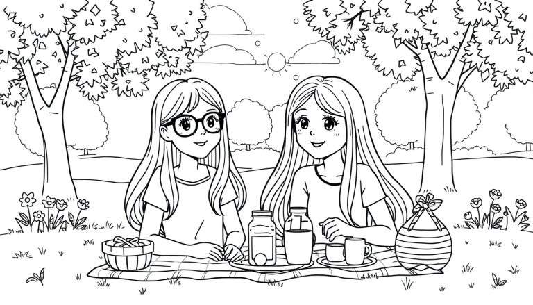 Kleurplaat van twee vrolijke meisjes, waarvan één met bril, die picknicken op een deken in het gras onder bomen. Ze hebben allebei steil haar.