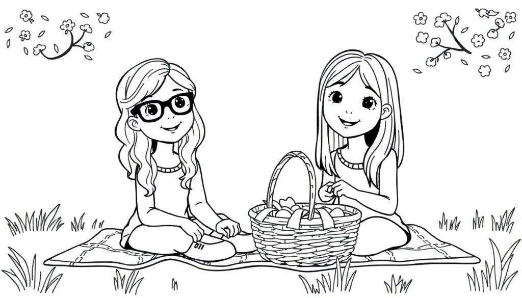 Kleurplaat van twee lachende tienermeisjes die picknicken, met een fruitmand en bloemen in de buurt.