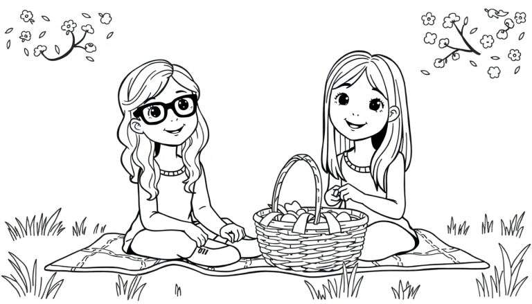 Kleurplaat van twee lachende tienermeisjes die picknicken, met een fruitmand en bloemen in de buurt.