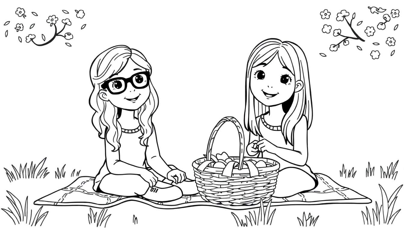 Kleurplaat van twee lachende tienermeisjes die picknicken, met een fruitmand en bloemen in de buurt.