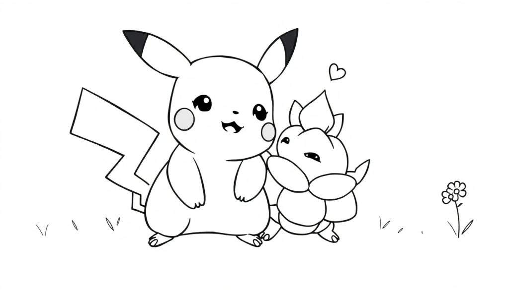 Kleurplaat van Pikachu en Nidoran die knuffelen met een hartje en een bloem.