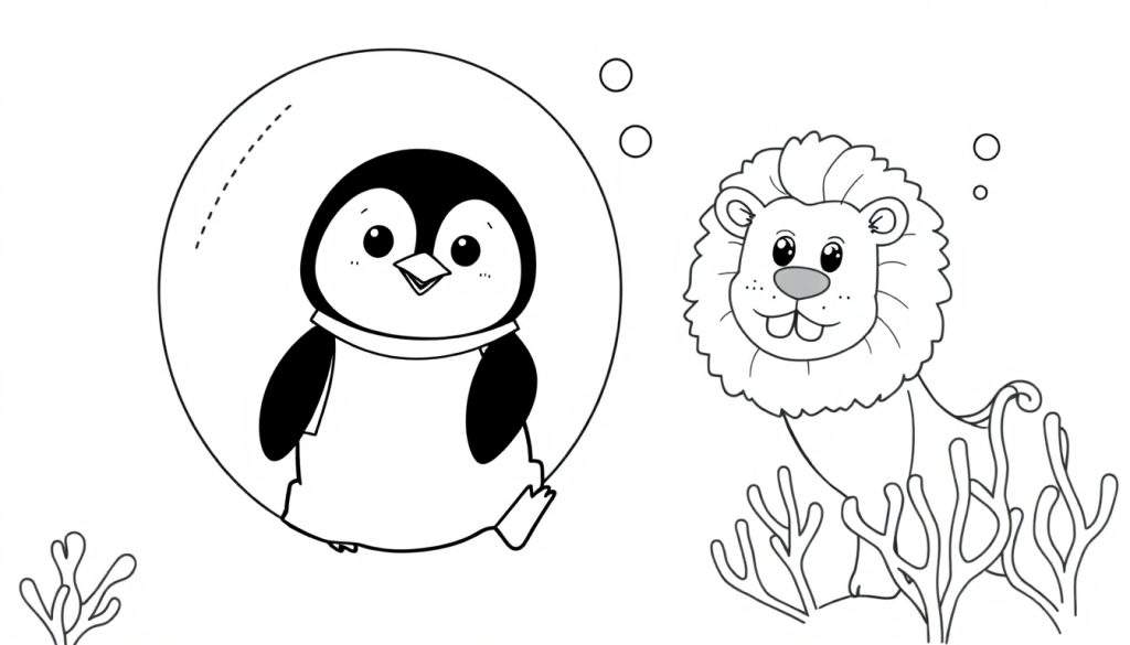 Kleurplaat van een pinguïn in een bubbel en een leeuw achter waterplanten.