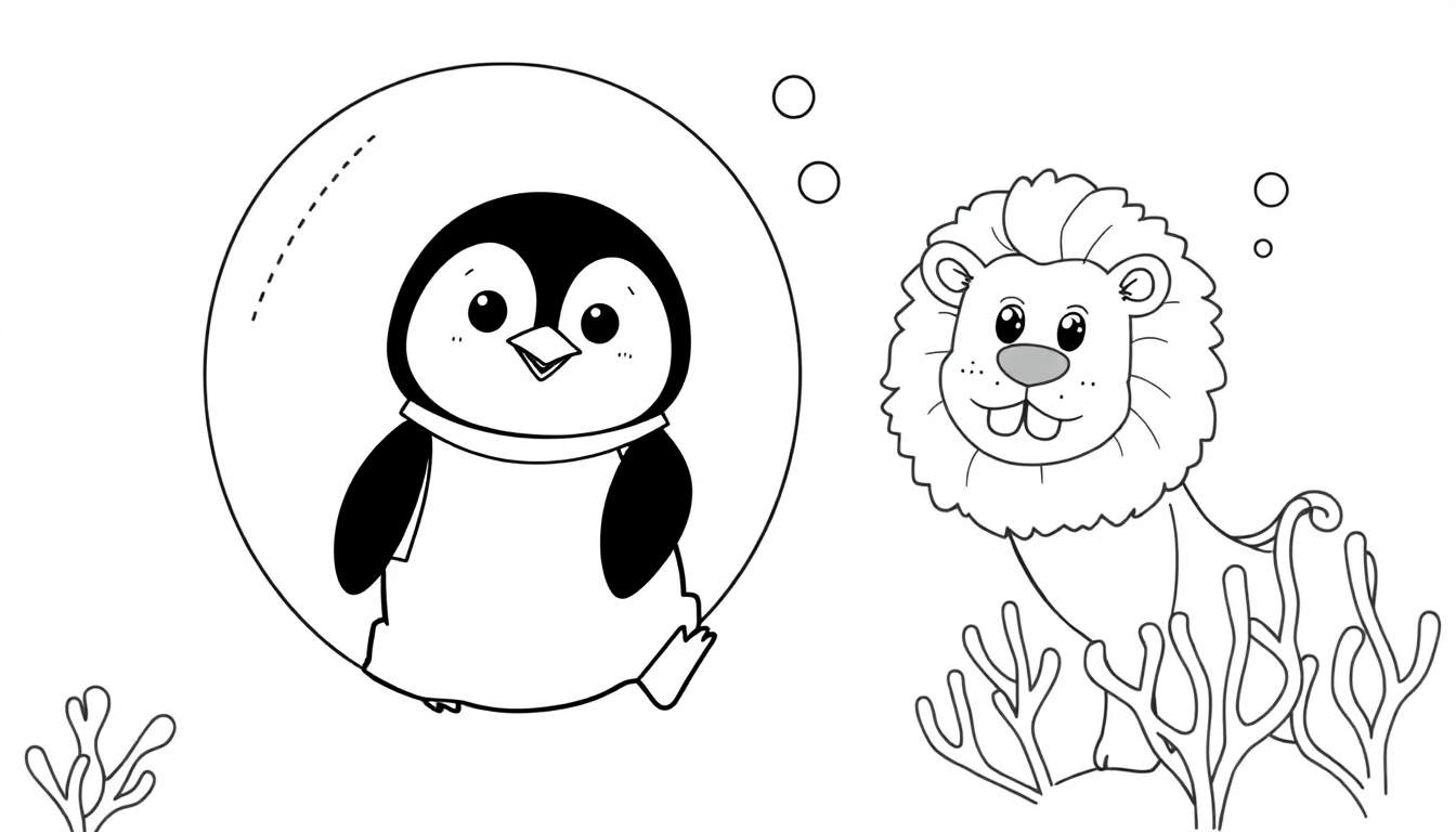 Kleurplaat van een pinguïn in een bubbel en een leeuw achter waterplanten.