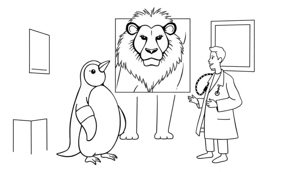 Kleurplaat van een pinguïn die naar een leeuw in een kader kijkt, met een dokter met een stethoscoop ernaast.