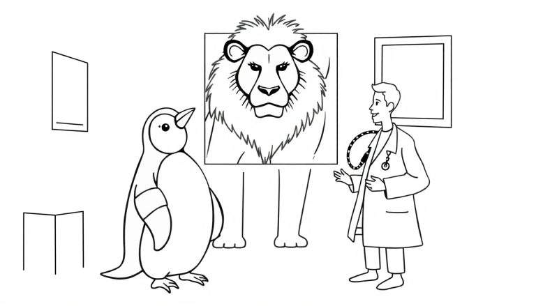 Kleurplaat van een pinguïn die naar een leeuw in een kader kijkt, met een dokter met een stethoscoop ernaast.