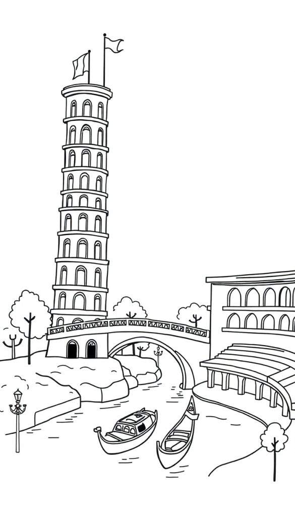 Kleurplaat met een scheve toren, een brug, twee boten, een gebouw met bogen, bomen en een lantaarnpaal.