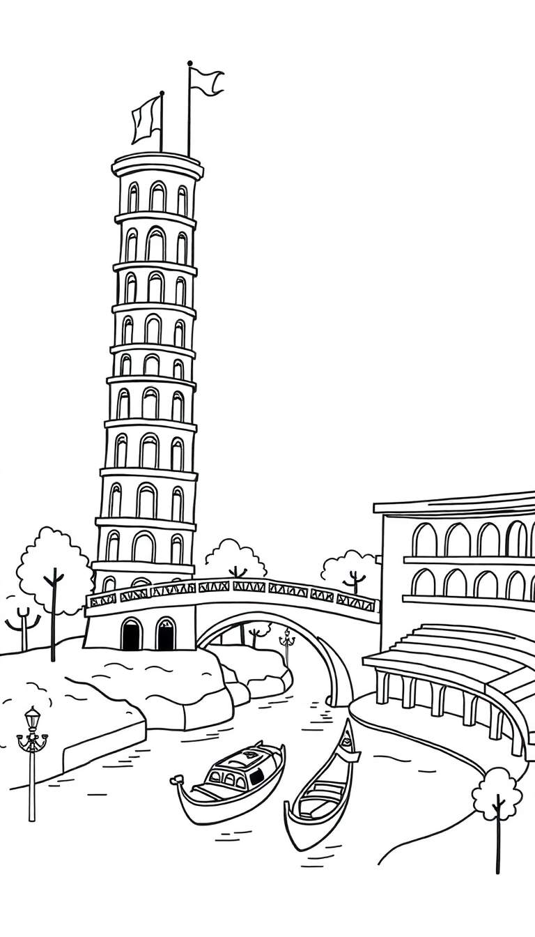 Kleurplaat met een scheve toren, een brug, twee boten, een gebouw met bogen, bomen en een lantaarnpaal.