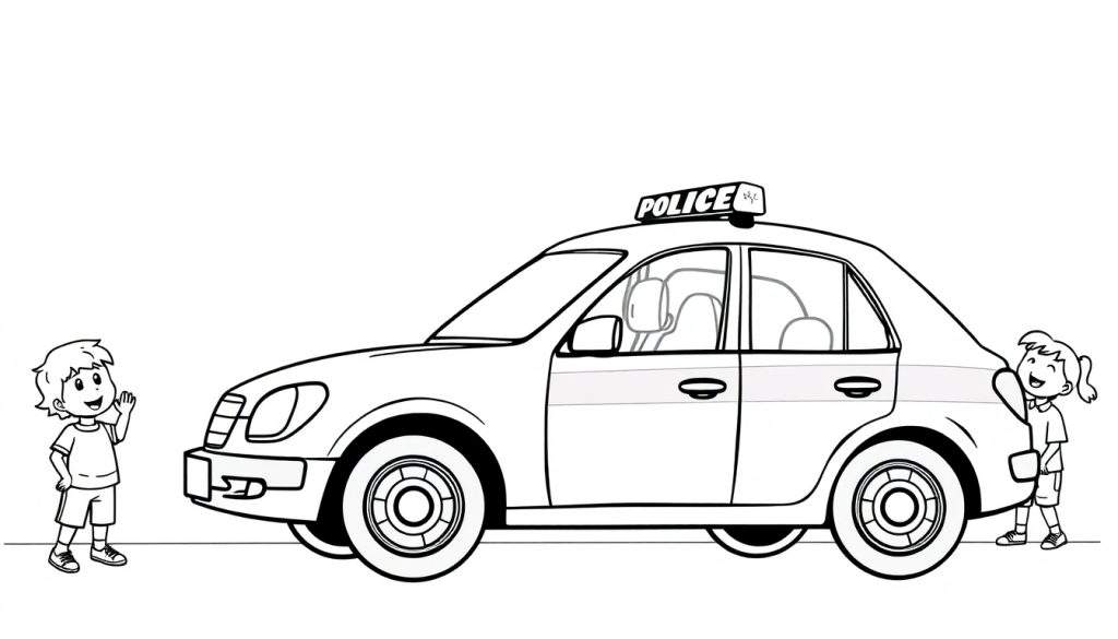 Kleurplaat van een politieauto met een lichtbak met 'POLICE' erop. Een jongen staat links en wuift, een meisje staat rechts en kijkt naar de auto.