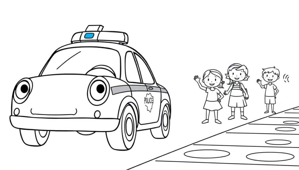 Kleurplaat: Vrolijke politieauto met zwaailichten zwaait naar drie lachende kinderen op een stoep met speelelementen.