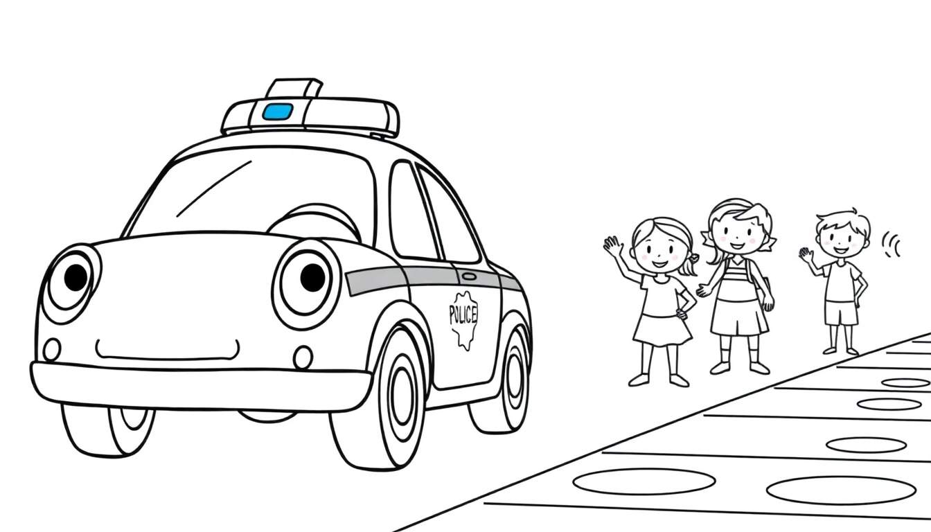 Kleurplaat: Vrolijke politieauto met zwaailichten zwaait naar drie lachende kinderen op een stoep met speelelementen.