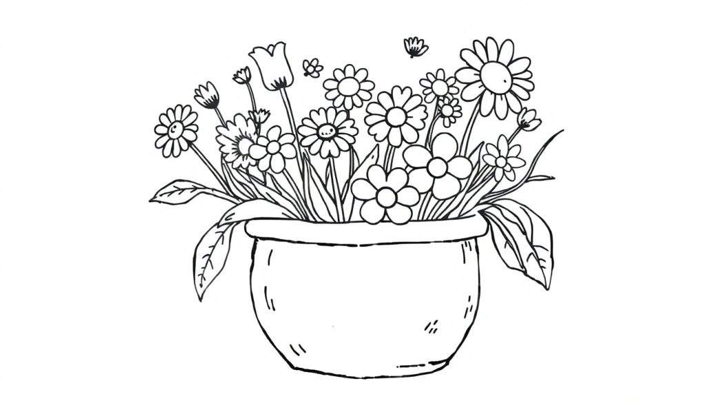 Zwart-wit kleurplaat van een ronde pot gevuld met diverse bloemen, waaronder een tulp. De bloemen variëren in grootte en er zijn kleinere bloemen en blaadjes rondom.